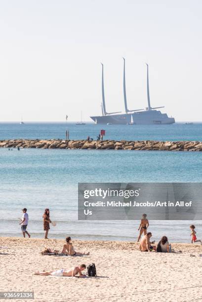 Israel, Tel Aviv-Yafo Sailing Yacht A, the largest private sailing yacht in the world, property of Andrey Melnichenko off the coast of Tel Aviv-Yafo....