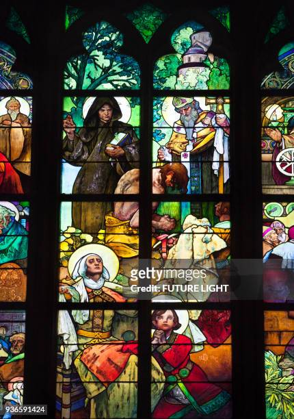 st vitus cathedral, alphonse mucha stained glass window, prague, czech republic, europe - stained glass czech republic stock pictures, royalty-free photos & images