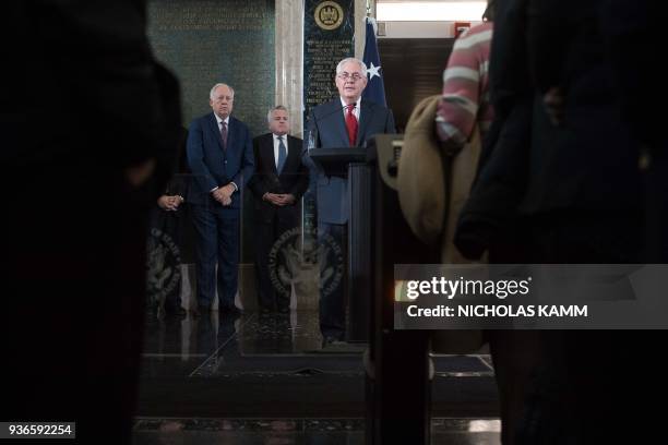 Outgoing US Secretary of Sate Rex Tillerson bids farewell to State Department staff at the State Department in Washington, DC, on March 22, 2018. /...