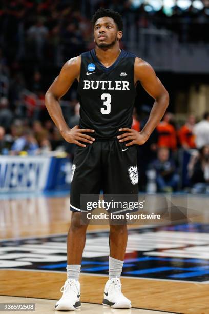 Butler Bulldogs guard Kamar Baldwin looks on during the NCAA Division I Men's Championship Second Round basketball game between the Butler Bulldogs...