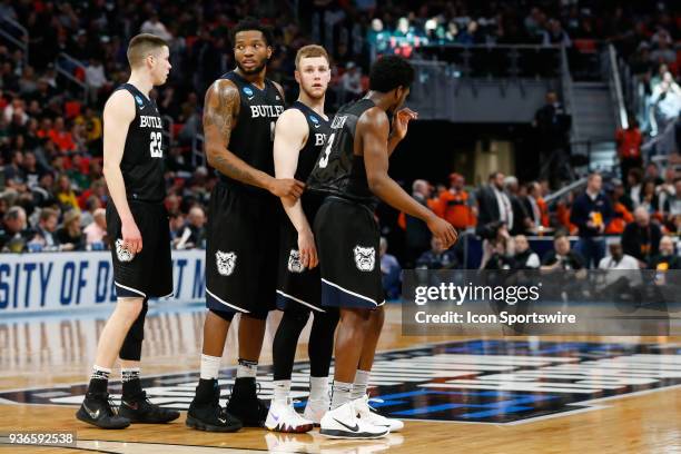 From the left, Butler Bulldogs forward Sean McDermott , forward Tyler Wideman , guard Paul Jorgensen , and guard Kamar Baldwin line up for an...