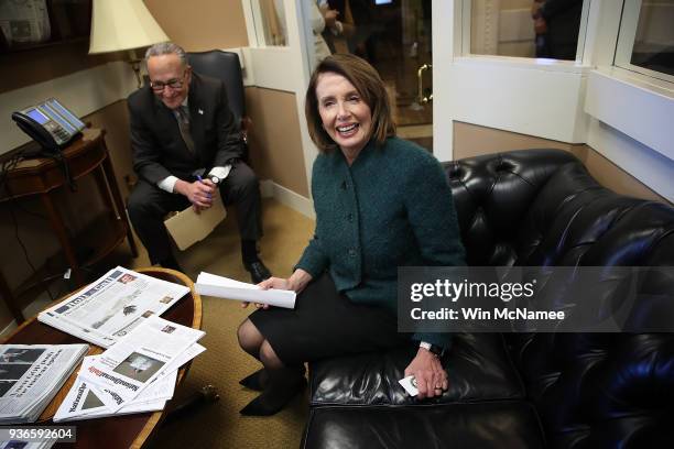 House Minority Leader Nancy Pelosi and Senate Minority Leader Chuck Schumer and meet prior to a news conference at the U.S. Capitol on March 22, 2018...