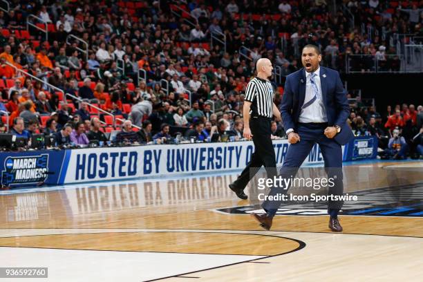Butler Bulldogs head coach LaVall Jordan celebrates an offensive play during the NCAA Division I Men's Championship Second Round basketball game...