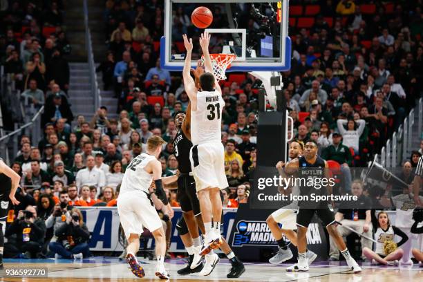 Purdue Boilermakers guard Dakota Mathias shoots a jump shot during the NCAA Division I Men's Championship Second Round basketball game between the...