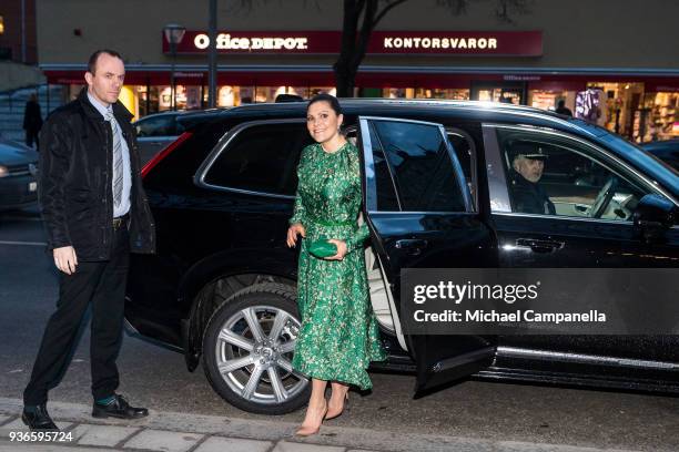 Crown Princess Victoria of Sweden arrives at a seminarium "A conversation about water" hosted by the organization WaterAid at Teater Pero on March...