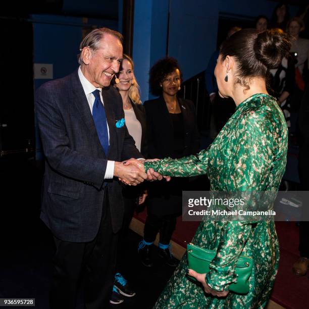 Crown Princess Victoria of Sweden arrives at a seminarium "A conversation about water" hosted by the organization WaterAid and greets Jan Eliasson at...