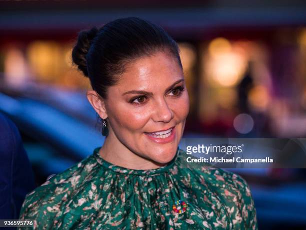 Crown Princess Victoria of Sweden arrives at a seminarium "A conversation about water" hosted by the organization WaterAid at Teater Pero on March...