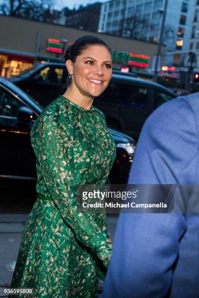 Crown Princess Victoria of Sweden arrives at a seminarium "A conversation about water" hosted by the organization WaterAid at Teater Pero on March...