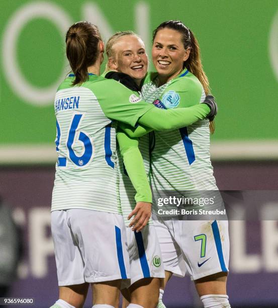 Pernille Harder of VfL Wolfsburg celebrates with team mates after scoring her team's fourth goal during the UEFA Women's Champions League Quarter...