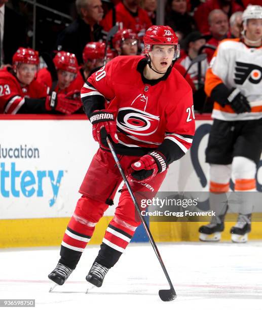 Sebastian Aho of the Carolina Hurricanes skates for position on the ice during an NHL game against the Philadelphia Flyers on March 17, 2018 at PNC...