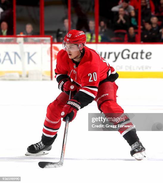 Sebastian Aho of the Carolina Hurricanes controls the puck on the ice during an NHL game against the Philadelphia Flyers on March 17, 2018 at PNC...