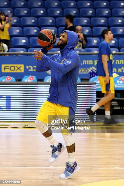 Pierre Jackson, #55 of Maccabi Fox Tel Aviv warming up during the 2017/2018 Turkish Airlines EuroLeague Regular Season Round 28 game between Maccabi...