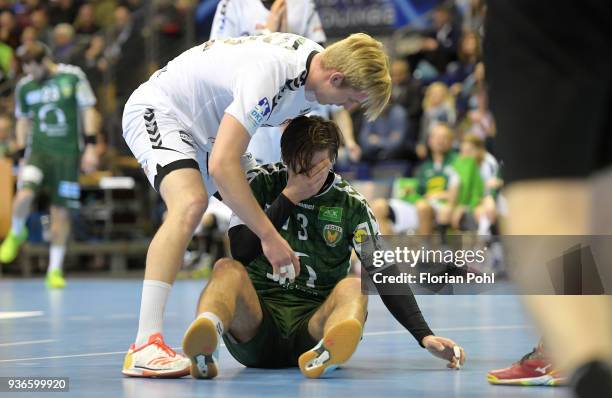 Marian Michalczik of GWD Minden and Fabian Wiede of Fuechse Berlin during the DKB Handball Bundesliga game between Fuechse Berlin and GWD Minden at...