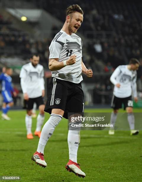 Cedric Teuchert of Germany celebrates his team's second goal during the 2019 UEFA Under21 European Championship qualifier match between U21 Germany...