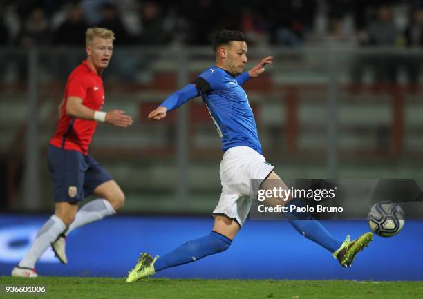 Alessandro Murgia of Italy kicks the ball during the international friendly match between Italy U21 and Norway U21 at Stadio Renato Curi on March 22,...