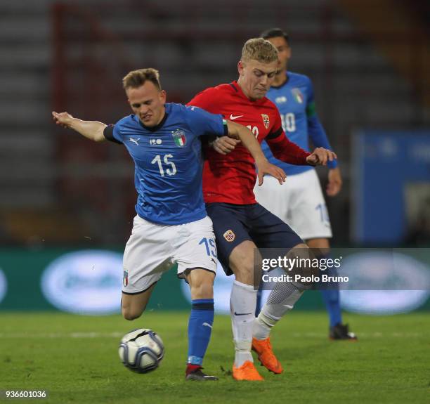 Lorenzo Dickmann of Italy competes for the ball with Morten Thorsby of Norway during the international friendly match between Italy U21 and Norway...