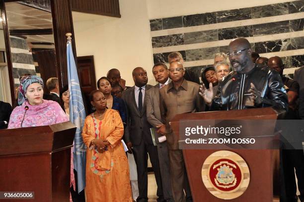 Deputy Secretary General of the UN Amina J Mohammed and Liberia's President George Weah speak in Monrovia on March 22, 2018. Mohammed is in Liberia...