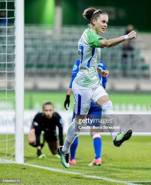 Ewa Pajor of VfL Wolfsburg celebrates after scoring her team's fifth goal during the UEFA Women's Champions League Quarter Final first leg match...