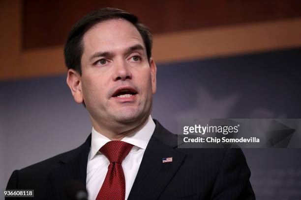 Sen. Marco Rubio talks about bipartisan legislation to create "red flag" gun law during a news conference at the U.S. Capitol March 22, 2018 in...