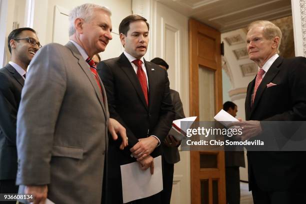 Sen. Jack Reed , Sen. Marco Rubio and Sen. Bill Nelson talk about their bipartisan legislation to create "red flag" gun laws before a news conference...