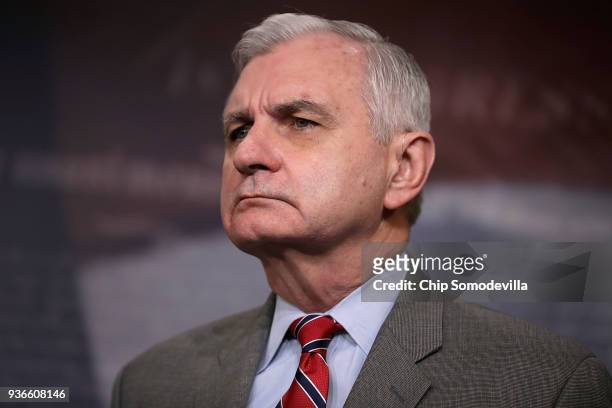 Sen. Jack Reed talks about bipartisan legislation to create "red flag" gun laws during a news conference at the U.S. Capitol March 22, 2018 in...