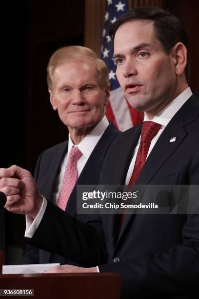 Sen. Bill Nelson and Sen. Marco Rubio talk about their bipartisan legislation to create "red flag" gun laws during a news conference at the U.S....