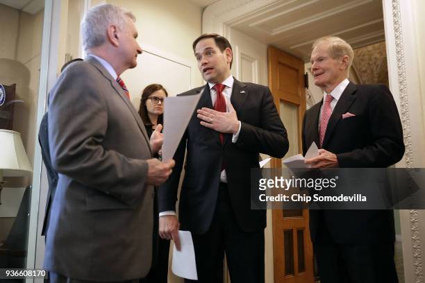 Sen. Jack Reed , Sen. Marco Rubio and Sen. Bill Nelson talk about their bipartisan legislation to create "red flag" gun laws before a news conference...