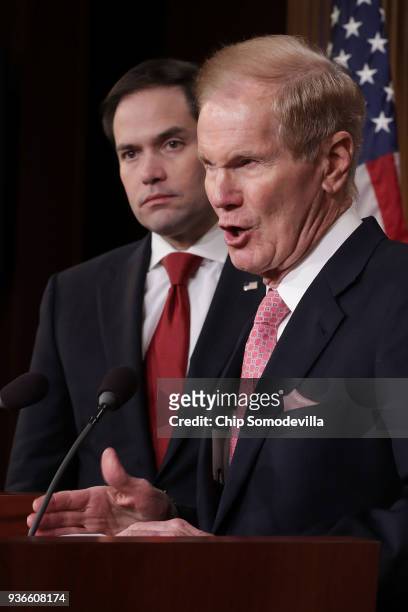 Sen. Bill Nelson and Sen. Marco Rubio talk about their bipartisan legislation to create "red flag" gun laws during a news conference at the U.S....