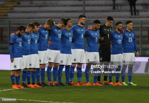 Italy U21 team respect a minute of silence in memory of Fiorentina captain Davide Astori during the international friendly match between Italy U21...