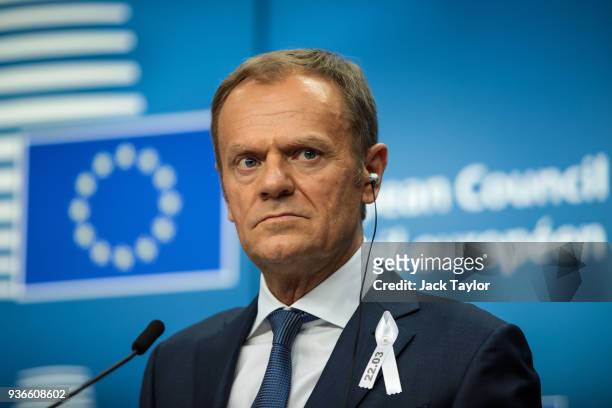 President of the European Council Donald Tusk speaks during a press conference after a European Council Meeting at the Council of the European Union...