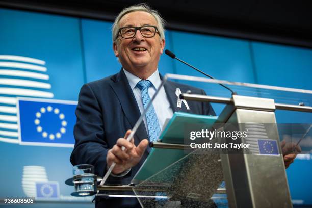 President of the European Commission Jean-Claude Juncker speaks during a press conference after a European Council Meeting at the Council of the...