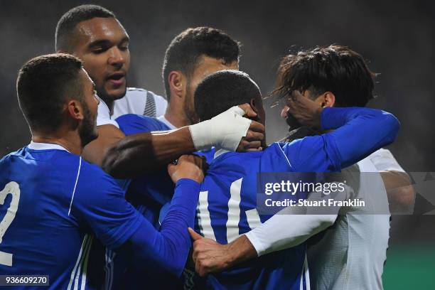 Mahmoud Dahoud of Germany argues with Omer Lako of Israel during the 2019 UEFA Under21 European Championship qualifier match between U21 Germany and...