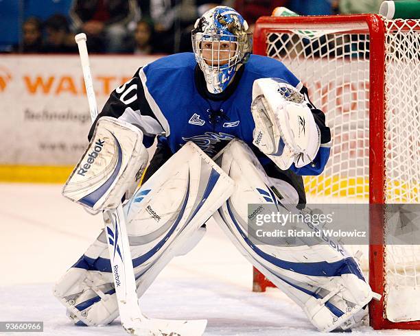 Marc-Antoine Gelinas of the Saint John Sea Dogs watches play during the game against the Drummondville Voltigeurs at the Marcel Dionne Centre on...