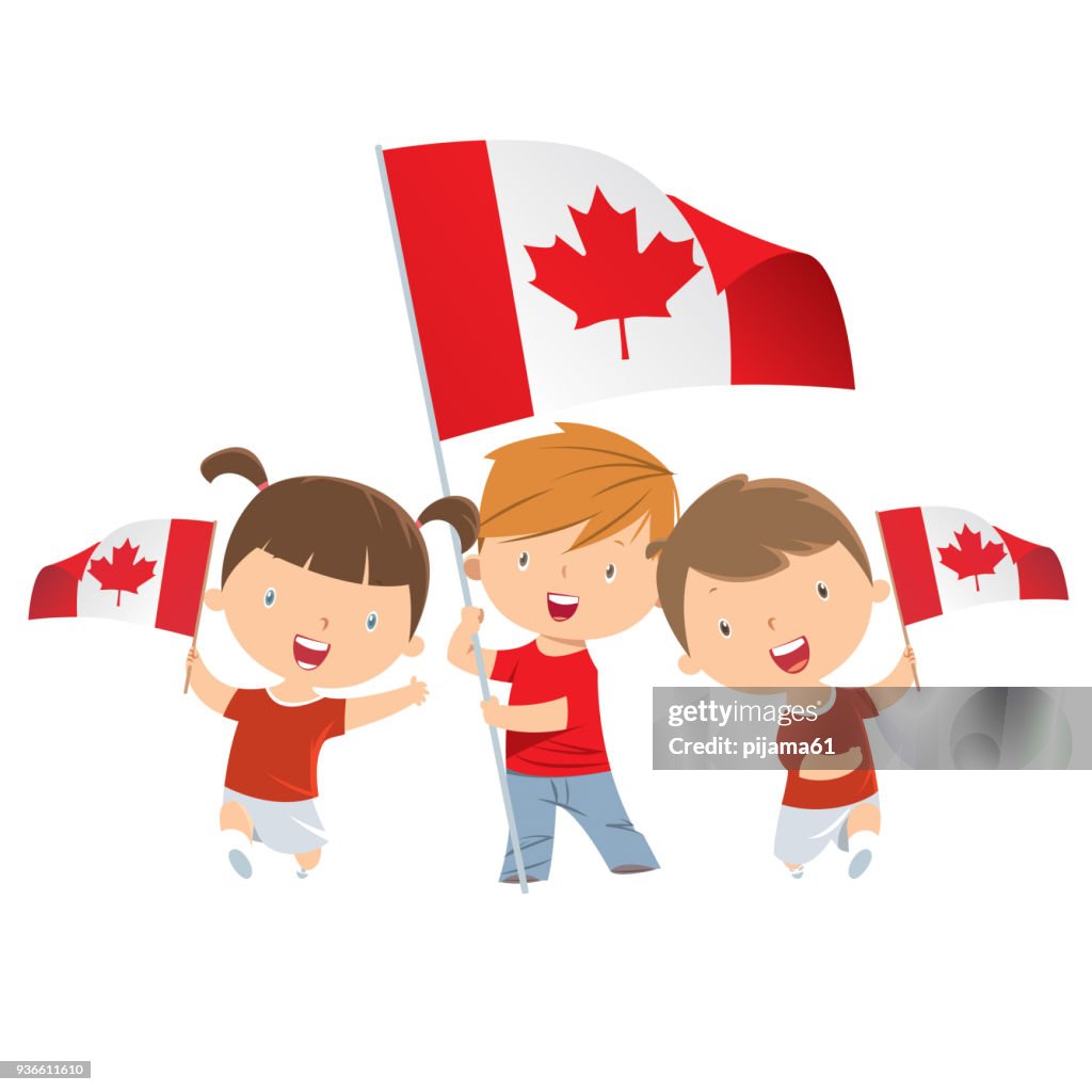 Crianças, segurando a bandeira do Canadá