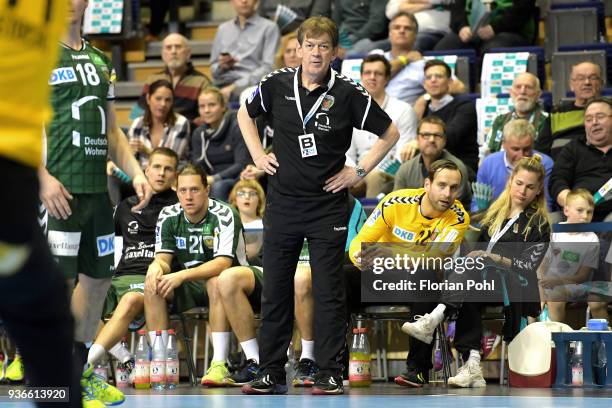 Mattias Zachrisson, coach Velimir Petkovic and Silvio Heinevetter of Fuechse Berlin during the DKB Handball Bundesliga game between Fuechse Berlin...