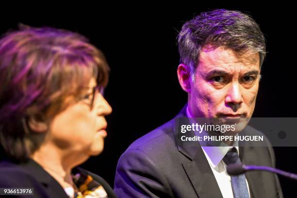 Upcoming General Secretary of the French Socialist Party Olivier Faure leads a meeting flanked by PS mayor of Lille Martine Aubry , on March 22, 2018...