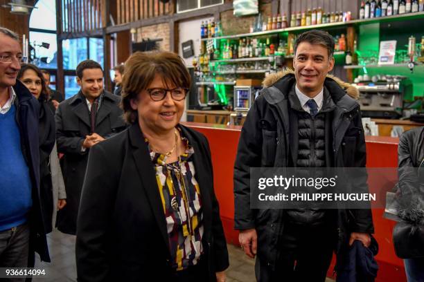 Upcoming General Secretary of the French Socialist Party Olivier Faure , flanked by PS mayor of Lille Martine Aubry , arrives for a meeting on March...