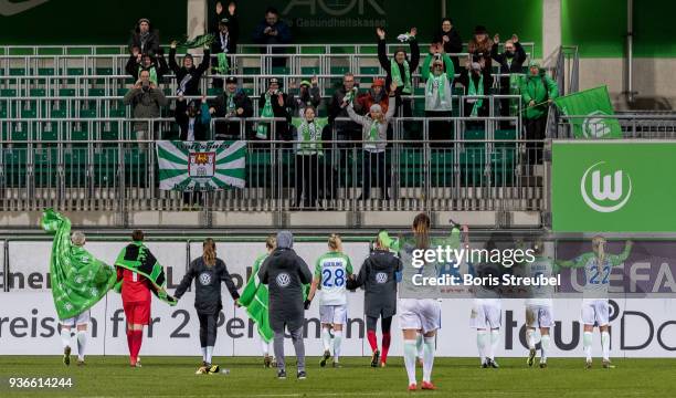 The team of Wolfsburg celebrate with their fans after winning the UEFA Women's Champions League Quarter Final first leg match between VfL Wolfsburg...