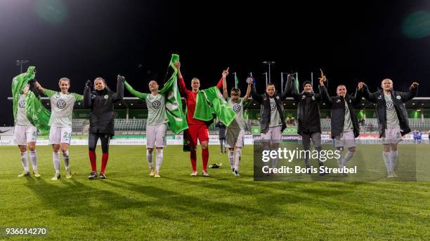 The team of Wolfsburg celebrate with their fans after winning the UEFA Women's Champions League Quarter Final first leg match between VfL Wolfsburg...