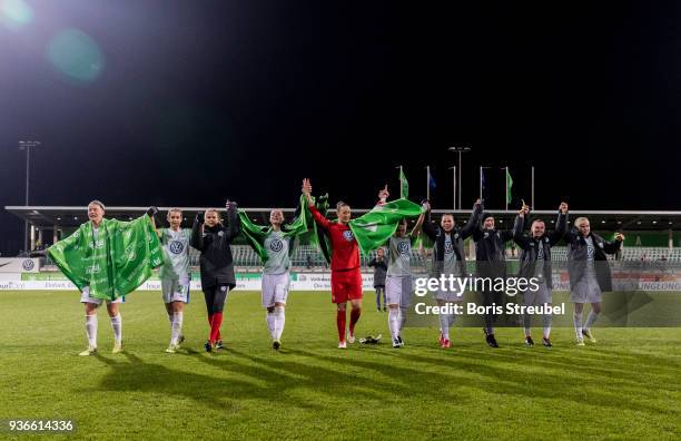 The team of Wolfsburg celebrate with their fans after winning the UEFA Women's Champions League Quarter Final first leg match between VfL Wolfsburg...