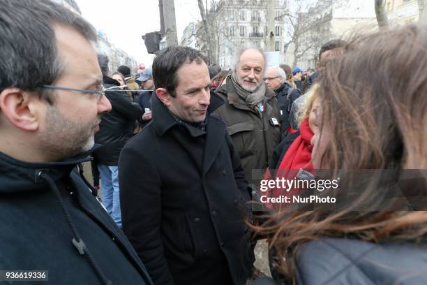 Former French Socialist minister Benoit Hamon, leader of the Generation.s movement, is seen during a demonstration in front of the Gare de lEst...