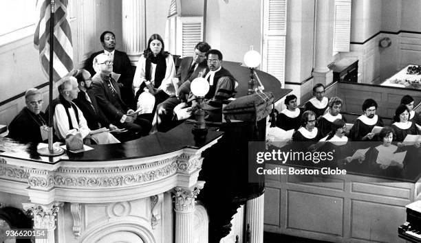 Religious leaders, seated at left, listen to the choir sing during an ecumenical service for the nation's Bicentennial at the Old South Meeting House...