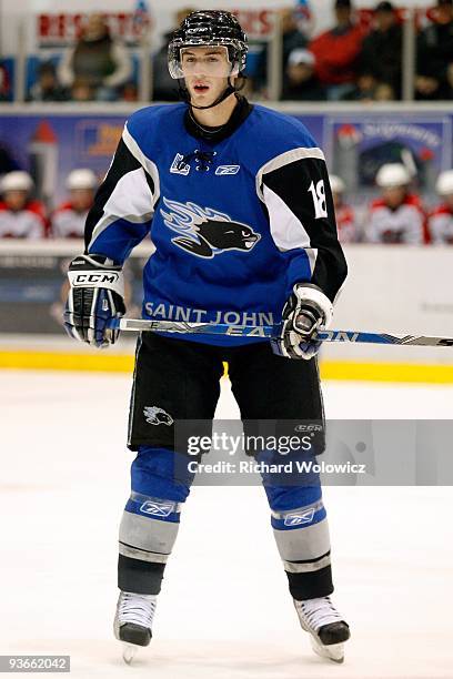 Danick Gauthier of the Saint John Sea Dogs skates during the game against the Drummondville Voltigeurs at the Marcel Dionne Centre on November 20,...