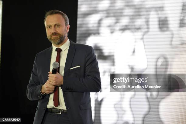 Fabrice Favetto Bon answers journalists during a press conference at hipppdrome de Paris Longchamps racetrack at Paris Longchamp on March 22, 2018 in...