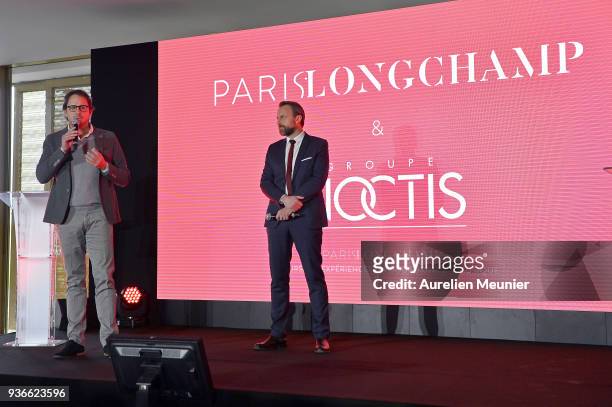 Laurent de Gourcuff and Fabrice Favetto Bon answer journalists during a press conference at hipppdrome de Paris Longchamps racetrack at Paris...