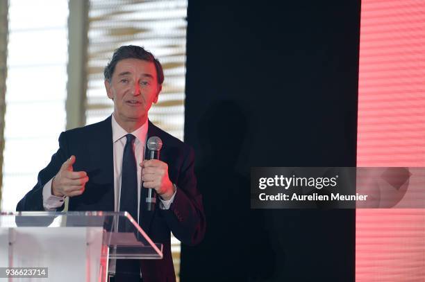 Edouard de Rothschild answers journalists during a press conference at hipppdrome de Paris Longchamps racetrack at Paris Longchamp on March 22, 2018...