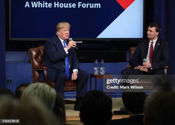 President Donald Trump speaks as conservative activist Charlie Kirk listens at a forum dubbed the Generation Next Summit at the White House on March...