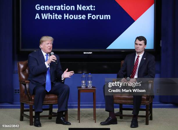 President Donald Trump speaks as conservative activist Charlie Kirk listens at a forum dubbed the Generation Next Summit at the White House on March...