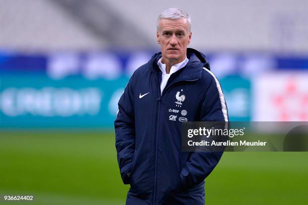 France Head Coach Didier Deschamps reacts during a France football team training session before the friendly match against Colombia on March 22, 2018...