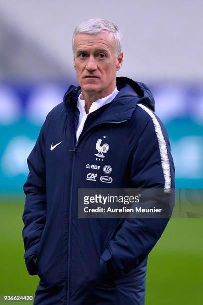 France Head Coach Didier Deschamps reacts during a France football team training session before the friendly match against Colombia on March 22, 2018...